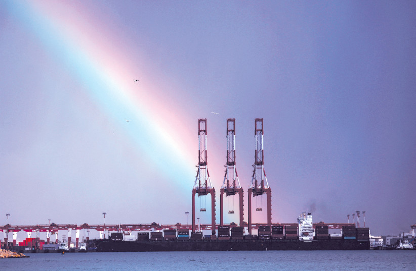  A rainbow is seen over the Mediterranean, above a port operated by China’s Shanghai International Port Group in Haifa.  (credit: AMIR COHEN/REUTERS)