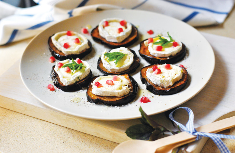  Eggplant slices with goat cheese and pomegranate seeds  (credit: PASCALE PEREZ-RUBIN)