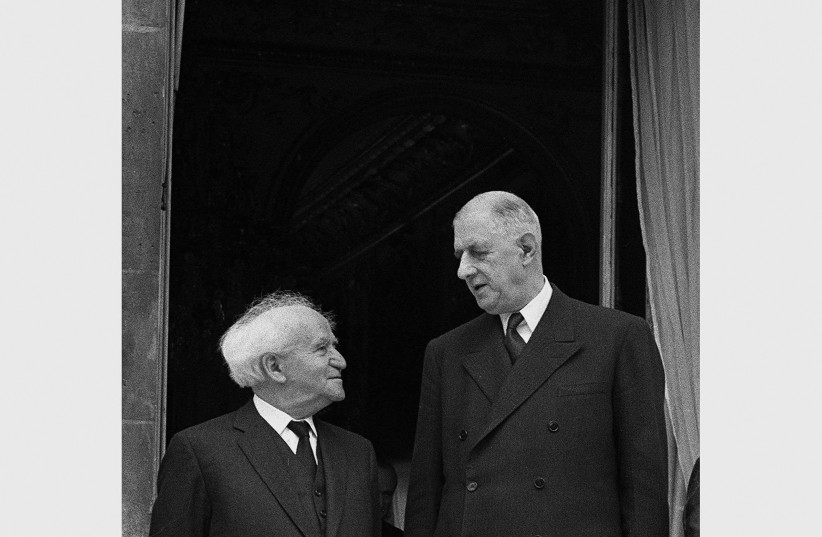  THEN-PRIME MINISTER David Ben-Gurion has his first meeting with France’s president Charles de Gaulle at the Palais de L’elysee in Paris, during his official visit to France in 1960. (credit: WIKIMEDIA)