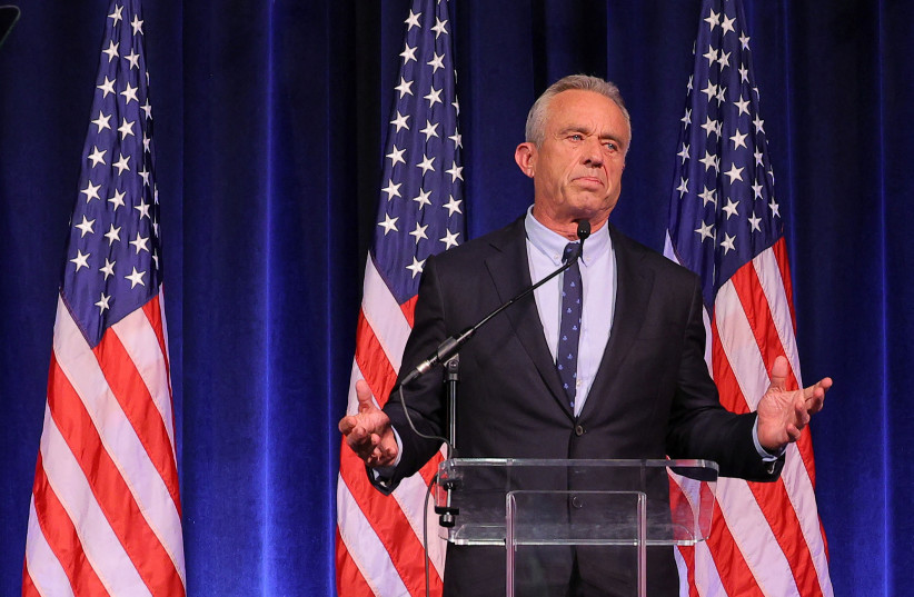 Democratic presidential candidate Robert F. Kennedy Jr. delivers a foreign policy speech at St. Anselm College in Manchester, New Hampshire, U.S., June 20, 2023 (credit: BRIAN SNYDER/REUTERS)