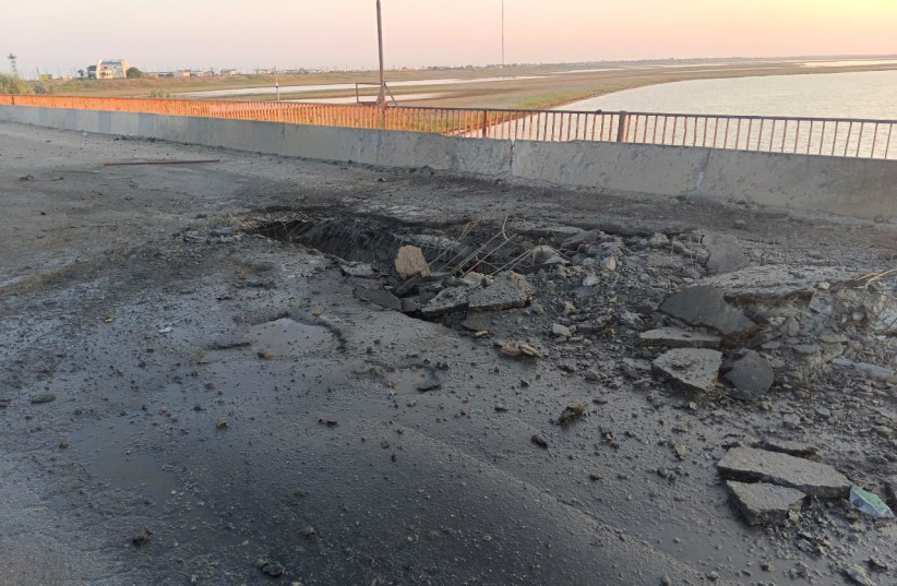 A view shows the damaged Chonhar bridge connecting Russian-held parts of Ukraine's Kherson region to the Crimean peninsula, following what Russian-appointed officials say was a Ukrainian missile attack, in this picture released June 22, 2023 (credit: Russian-installed leader of the Kherson region Vladimir Saldo via Telegram/Handout via REUTERS)