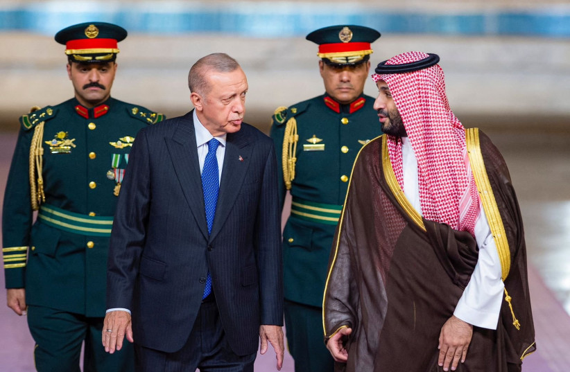  Saudi Arabia's Crown Prince Mohammed bin Salman meets Turkish President Tayyip Erdogan in Jeddah, Saudi Arabia, July 17, 2023 (credit: SAUDI PRESS AGENCY/HANDOUT VIA REUTERS)