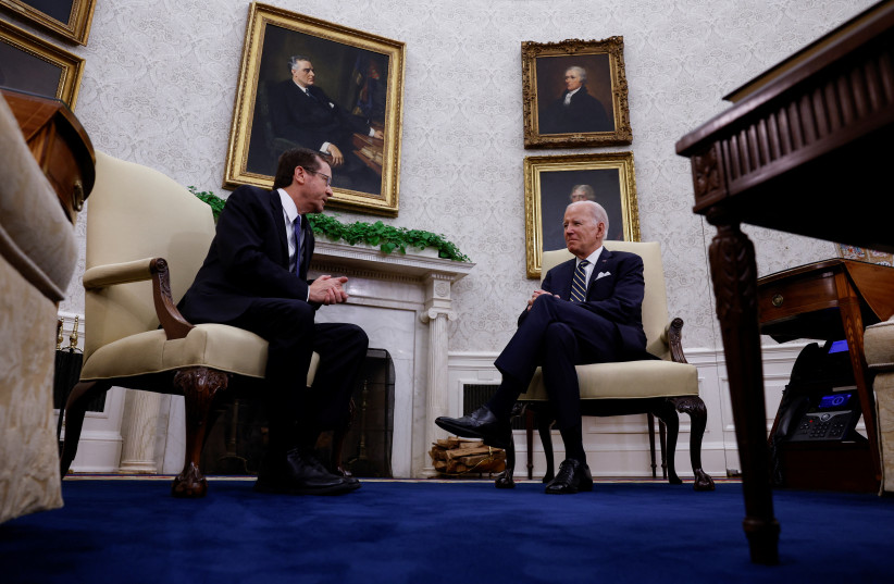  President Isaac Herzog meets with US President Joe Biden in the Oval Office at the White House in Washington, US, July 18, 2023 (credit: REUTERS/EVELYN HOCKSTEIN)