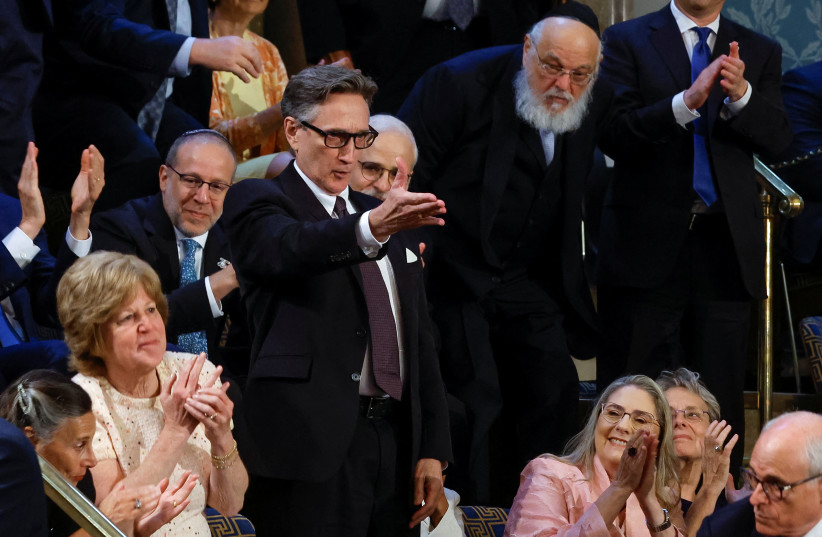 Clifton Truman Daniel, eldest grandson of late former US President Harry Truman, gestures during Israeli President Isaac Herzog's address at a joint meeting of Congress inside the House Chamber of the US Capitol in Washington, US, July 19, 2023 (credit: JONATHAN ERNST/REUTERS)