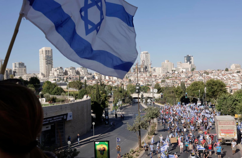 Anti-judicial reform protesters march toward the Knesset ahead of the vote on the reasonableness standard bill. July 23, 2023 (credit: MARC ISRAEL SELLEM)