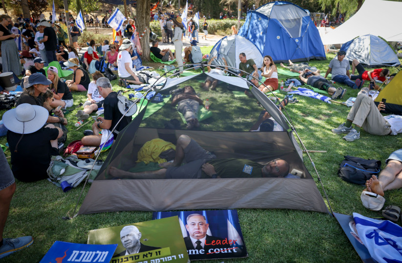  Anti-judicial reform protesters in Gan Sacher at their tent city. (credit: Chaim Goldberg/Flash90)