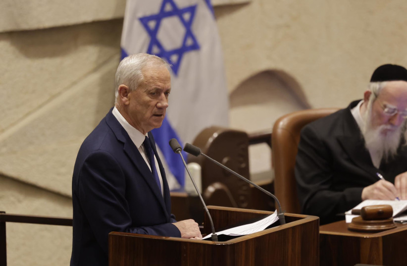  National Unity Party Chair Benny Gantz addresses the Knesset Plenum ahead of the vote on reasonableness standard bill, July 24, 2023. (credit: MARC ISRAEL SELLEM/THE JERUSALEM POST)