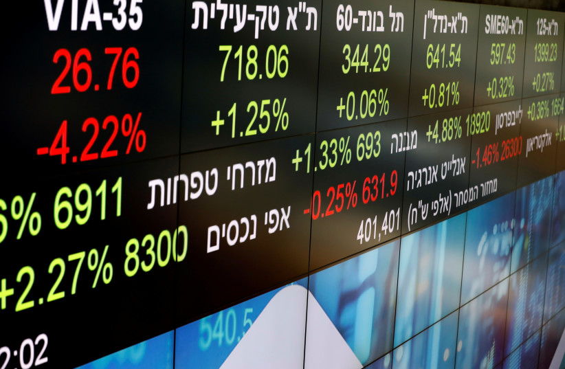  Market data is seen on part of an electronic board displayed at the Tel Aviv Stock Exchange, in Tel Aviv, Israel November 4, 2020 (credit: AMIR COHEN/REUTERS)