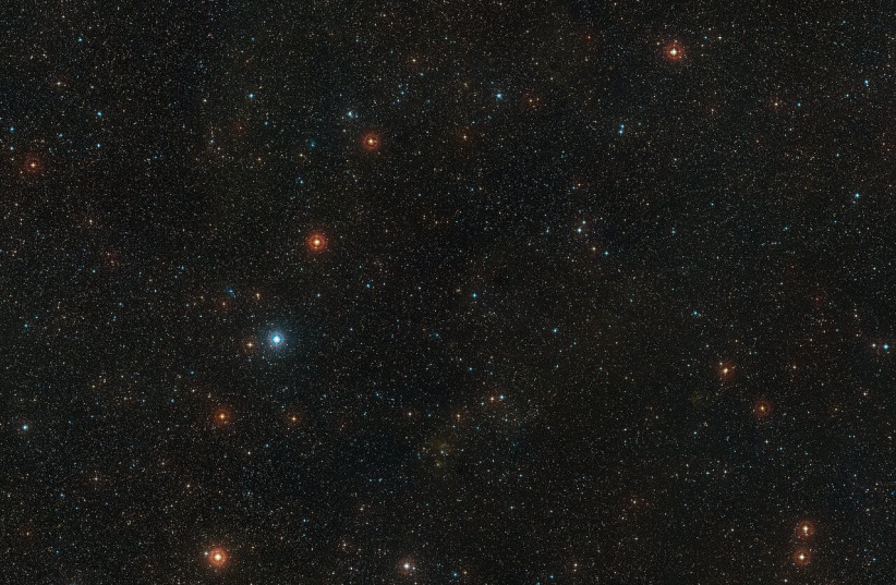  This image shows the sky around the location of the star V960 Mon. This picture was created from images in the Digitized Sky Survey 2. (credit: ESO/Digitized Sky Survey 2. Acknowledgement: Davide De Martin)