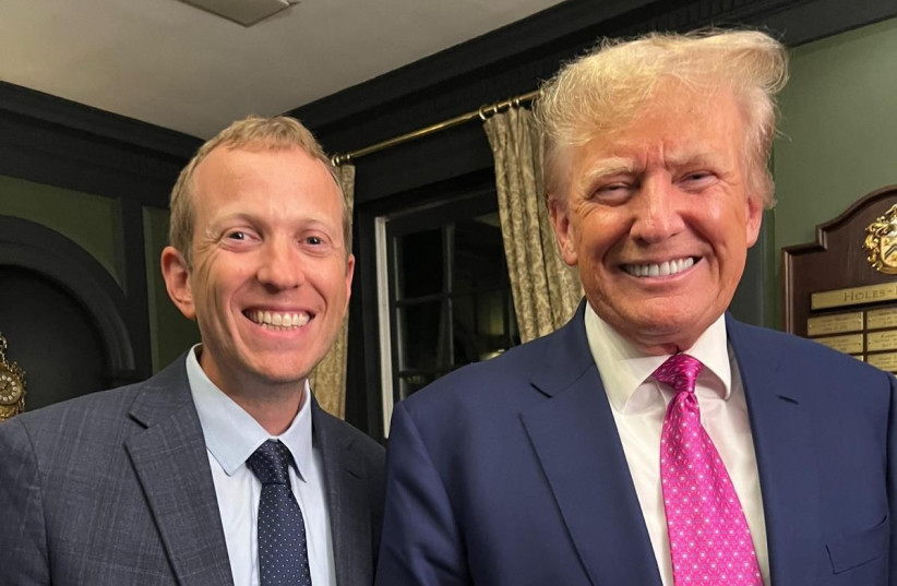 Tully Weisz meets former US president Donald Trump at a ‘Sound of Freedom’ screening in Bedminster, New Jersey. (credit: COURTESY TULY WEISZ)