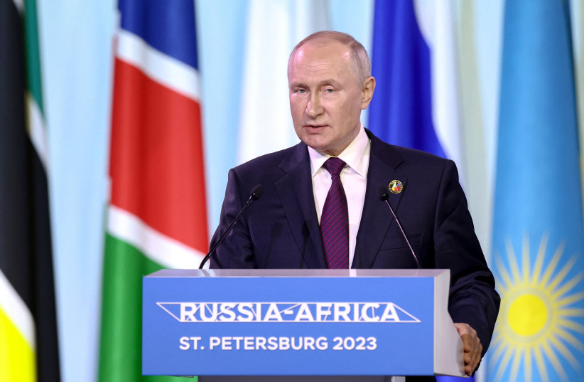 Russian President Vladimir Putin delivers a statement at a the final day of the Russia-Africa summit in Saint Petersburg, Russia, July 28, 2023. (credit: Valery Sharifulin/TASS Host Photo Agency via REUTERS)