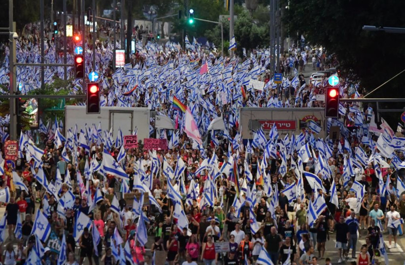 Anti-judicial reform protest in Tel Aviv, July 29, 2023. (credit: AVSHALOM SASSONI/MAARIV)