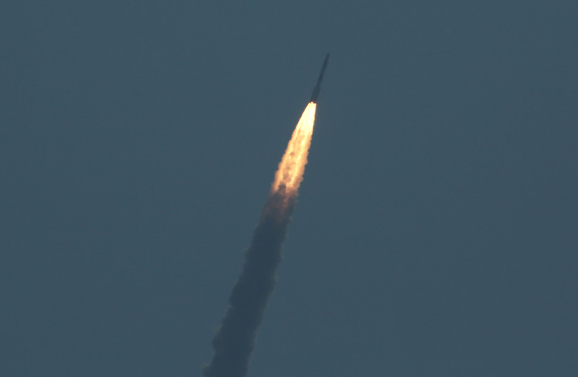 India's Polar Satellite Launch Vehicle (PSLV) C45, carrying Electromagnetic Spectrum Measurement satellite 'EMISAT' and 28 other satellites, lifts off from the Satish Dhawan Space Centre in Sriharikota, India, April 1, 2019.  (credit: REUTERS/P. RAVIKUMAR)