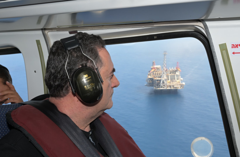  Energy Minister Israel Katz is seen visiting the Leviathan Gas Rig in the Mediterranean Sea, on August 2, 2023. (credit: SHLOMI AMSALEM/GPO)