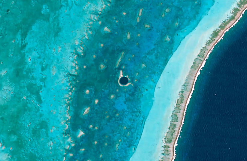 Satellite of Belize's Great Blue Hole. (credit: Wikimedia Commons)