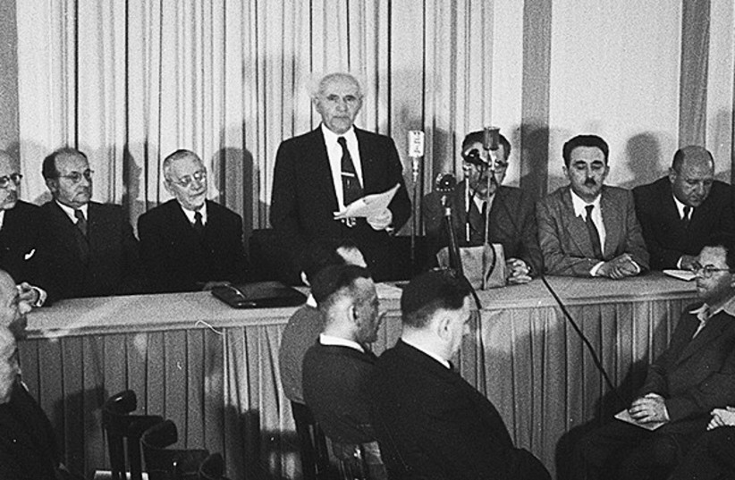  DAVID BEN-GURION reading the Declaration of Independence of the State of Israel.  (credit: GPO)