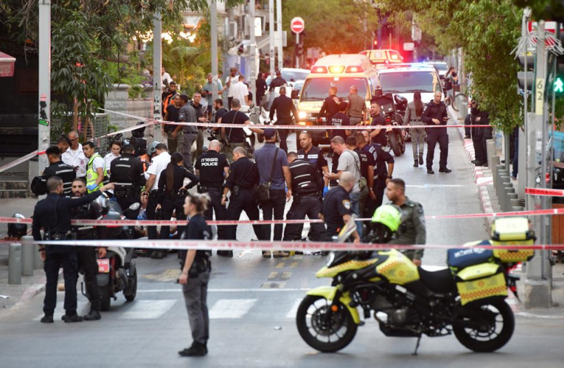  The scene of a terrorist shooting in Tel Aviv on Saturday, August 5, 2023. (credit: AVSHALOM SASSONI/MAARIV)
