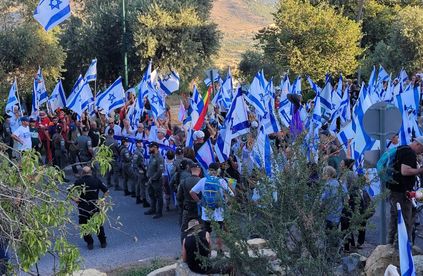  Israelis protest against Prime Minister Benjamin Netanyahu at Neve Ativ, northern Israel on August 8, 2023  (credit: PROTEST ORGANIZERS)