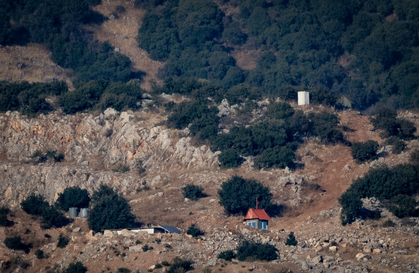  View of a Hezbollah tent that was placed on the Israeli side of the Blue Line, as it seen from the Israeli side of the border with Lebanon. August 10, 2023 (credit: Chaim Goldberg/Flash90)