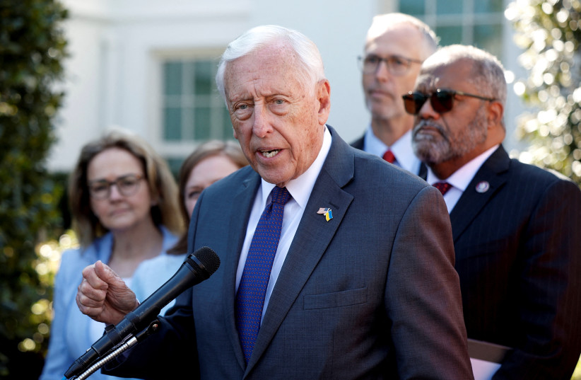  Representative Steny Hoyer (D-MD) speaks to the media alongside fellow Democratic members of Congress, following a meeting at the White House in Washington, US, March 30, 2023 (credit: REUTERS/EVELYN HOCKSTEIN)
