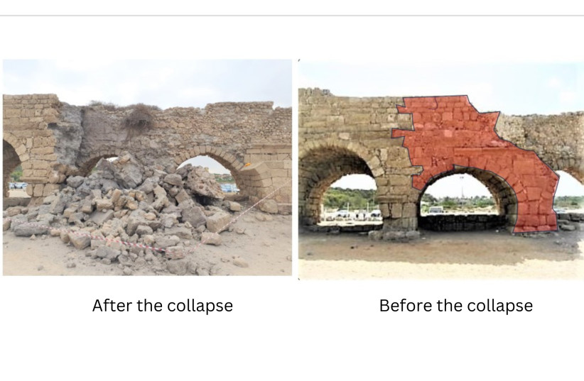  A side by side comparison of the aqueduct before and after the collapse. (credit: Israel Antiquities Authority)