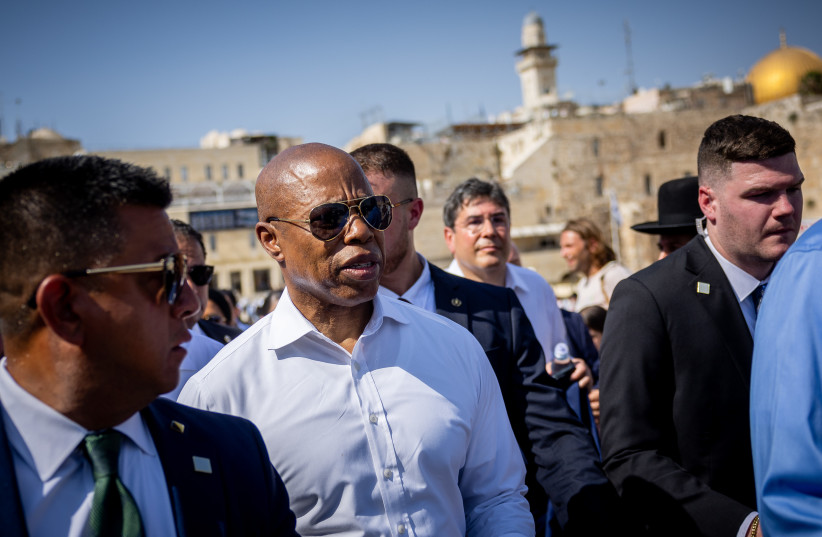  New York City Mayor Eric Adams is seen visiting the Western Wall in the Old City of Jerusalem, on August 22, 2023. (credit: YONATAN SINDEL/FLASH90)