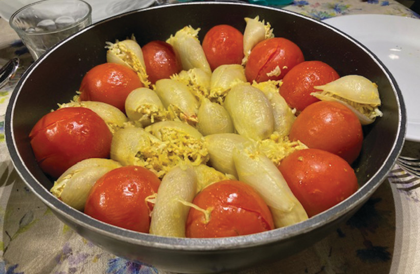  MAHASHA CHICKEN-and-rice-filled tomatoes and onions. (credit: BARBARA ANGELAKIS)