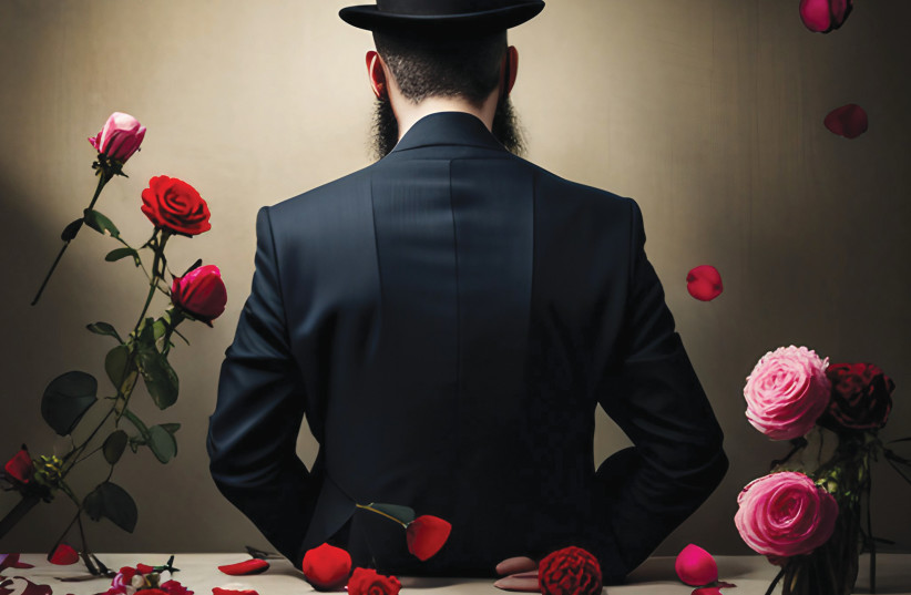 Une illustration artistique générée par l'intelligence artificielle d'un rabbin entouré de roses, symbolisant le chagrin et la tromperie.  (crédit : The Jerusalem Post)