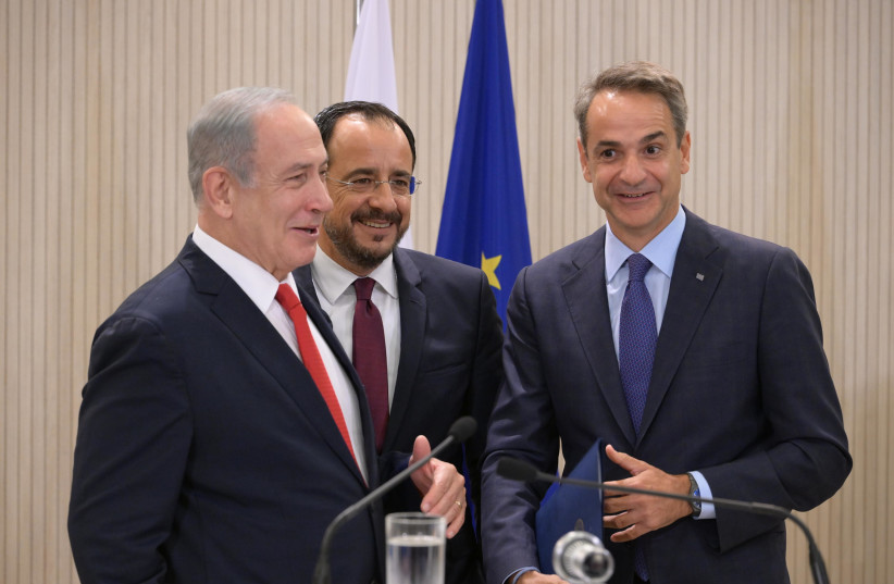  Prime Minister Benjamin Netanyahu meets his Greek and Cypriot counterparts in Nicosia on September 4, 2023 (credit: AMOS BEN-GERSHOM/GPO)