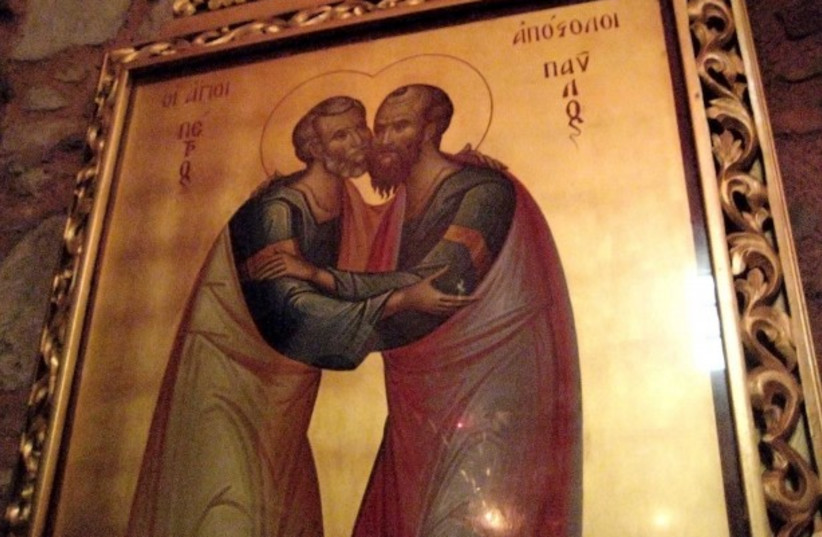 A painting of the apostle Paul and the apostle Peter hugging. (credit: PUBLIC DOMAIN)