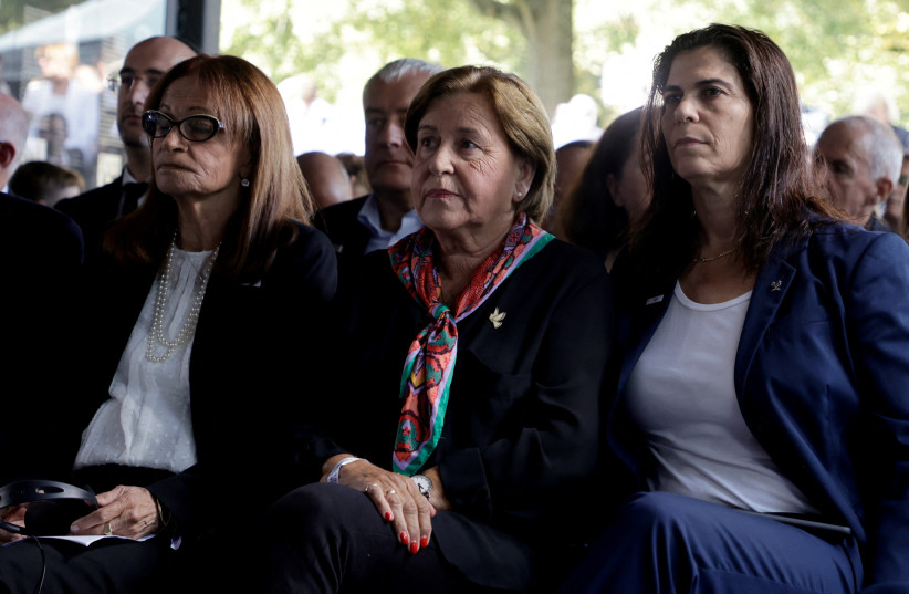Yael Arad (right) attends a ceremony commemorating the 50th anniversary of the attack on the Israeli team at the 1972 near the Olympic village in Munich, Germany, September 5, 2022. (credit: REUTERS/LEONHARD FOEGER)