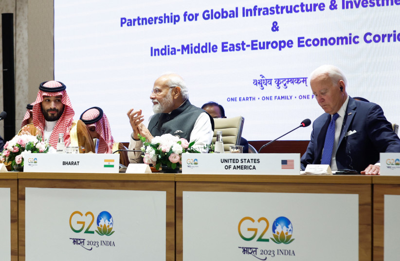  Saudi Arabian Crown Prince Mohammed bin Salman Al Saud, Indian Prime Minister Narendra Modi and U.S. President Joe Biden attend Partnership for Global Infrastructure and Investment event on the day of the G20 summit in New Delhi, India, September 9, 2023.  (credit: EVELYN HOCKSTEIN/POOL/REUTERS)