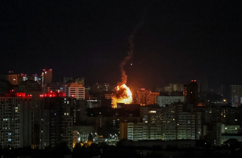 An explosion of a drone is seen in the city during a Russian drone strike, amid Russia's attack on Ukraine, in Kyiv, Ukraine September 10, 2023 (credit: GLEB GARANICH/REUTERS)