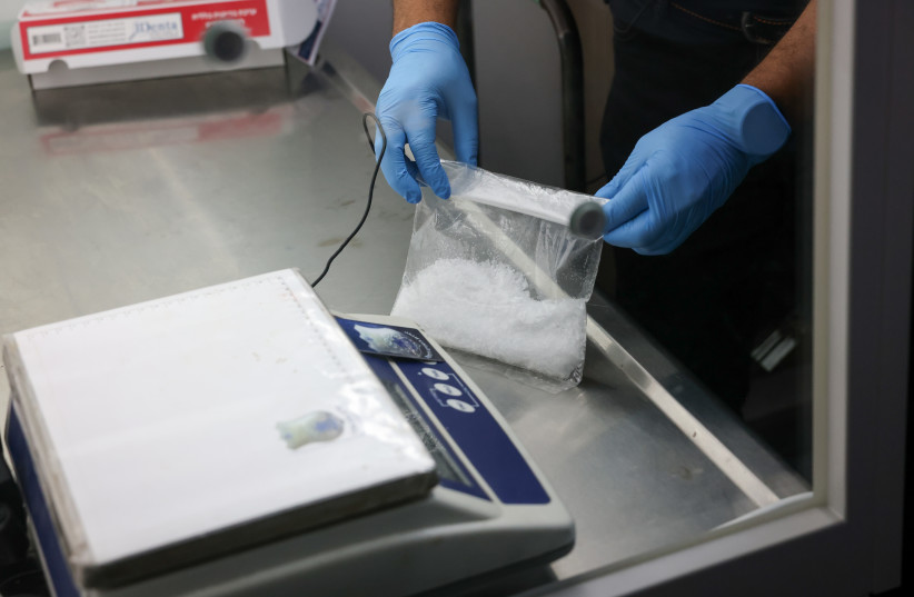  A ''crystal-type'' drug seized by police in mail sorting facility in Modi'in, September 10, 2023. (credit: KNESSET SPOKESPERSON'S OFFICE)