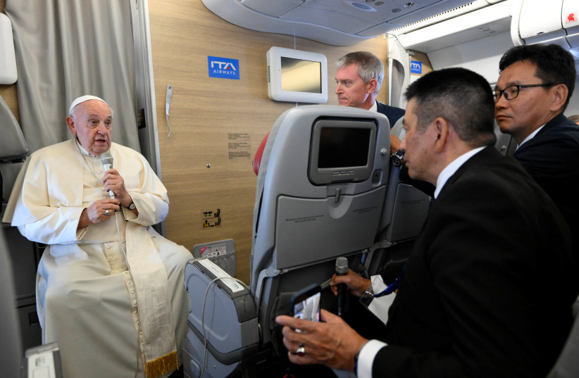  Pope Francis speaks during a press conference aboard the papal plane on his flight back after visiting Mongolia, September 4, 2023.  (credit: VATICAN MEDIA/HANDOUT VIA REUTERS)