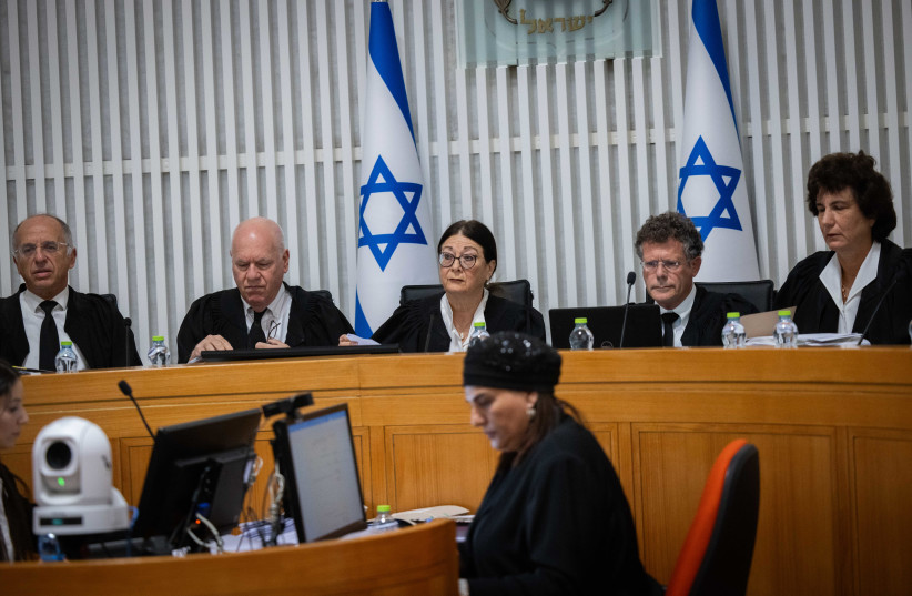  High Court of Justice President Esther Hayut and the other Supreme Court justices are seen at a hearing over petitions against the reasonableness standard law, in Jerusalem, on September 12, 2023. (credit: YONATAN SINDEL/FLASH90)