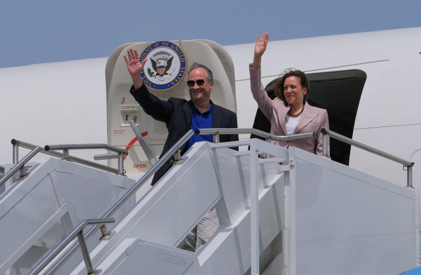  U.S. Vice President Kamala Harris accompanied by Second Gentleman Doug Emhoff, depart the Kotoka International airport to continue with her trip to Tanzania and Zambia, in Accra, Ghana, March 29, 2023. (credit: REUTERS/FRANCIS KOKOROKO)