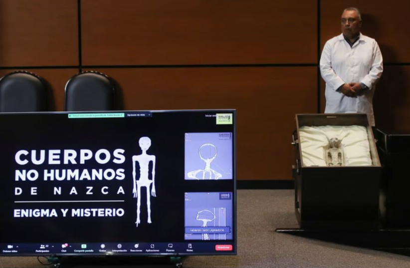  Remains of an allegedly 'non-human' being is seen on display during a briefing on unidentified flying objects, known as UFOs, at the San Lazaro legislative palace, in Mexico City, Mexico September 12, 2023.  (credit: REUTERS/HENRY ROMERO)