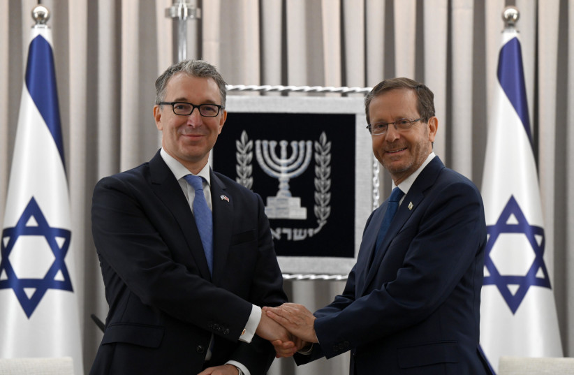  Israeli President Isaac Herzog is seen receiving British Ambassador to Israel Simon Walters, at the President's Residence, on September 19, 2023. (credit: HAIM ZACH/GPO)
