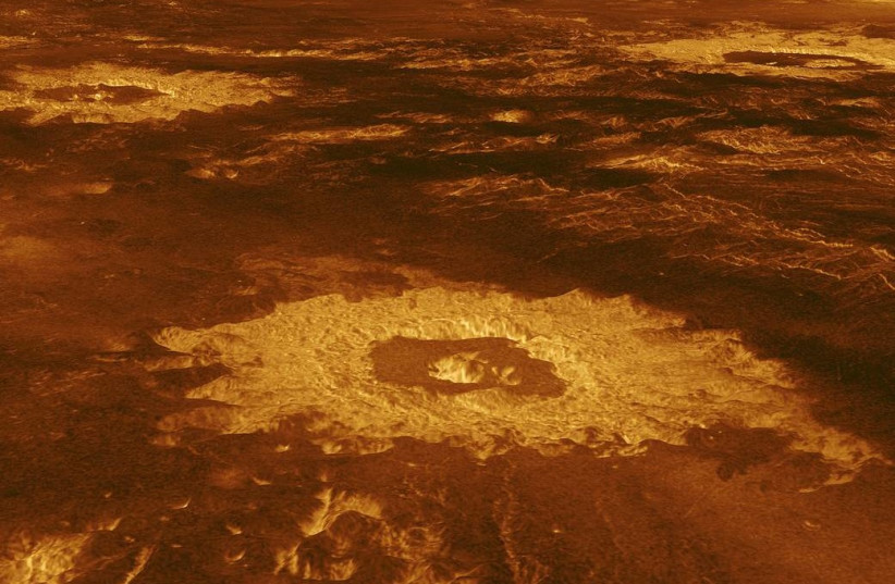  Three impact craters are displayed in a three-dimensional perspective view of the surface of Venus taken by NASA's Magellan. (credit: NASA)