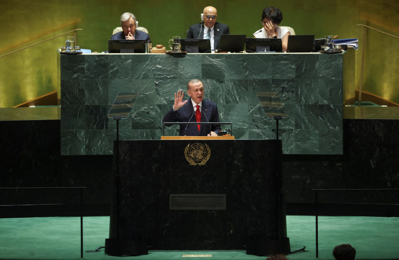  Turkey's President Tayyip Erdogan addresses the 78th Session of the U.N. General Assembly in New York City, U.S., September 19, 2023. (credit: REUTERS/MIKE SEGAR)