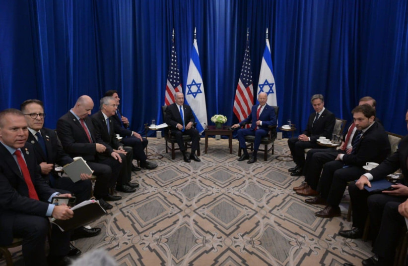 The meeting between Prime Minister Benjamin Netanyahu and US President Joe Biden, on Wednesday, 20 September 2023, at the Intercontinental Hotel in New York City. (credit: Avi Ohayon/GPO)