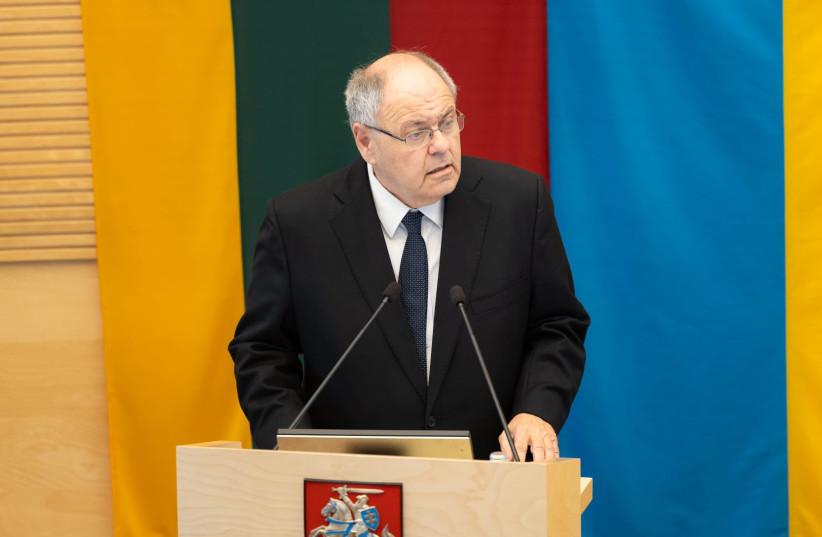  Yad Vashem Chairman Dani Dayan speaking at the Lithuanian parliament, September 21, 2023. (credit: Olga Posaškova)