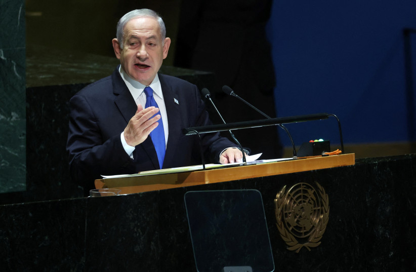  Prime Minister Benjamin Netanyahu addresses the 78th United Nations General Assembly at UN headquarters in New York City, New York, US, September 22, 2023 (credit: REUTERS/MIKE SEGAR)