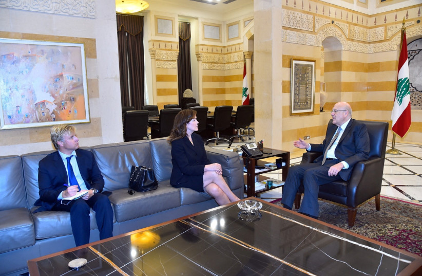  Dorothy Shea, US ambassador to Lebanon, meets with Lebanon's caretaker Prime Minister Najib Mikati, in Beirut, Lebanon, in this handout released on September 22, 2023. (credit: DALATI NOHRA/HANDOUT VIA REUTERS)
