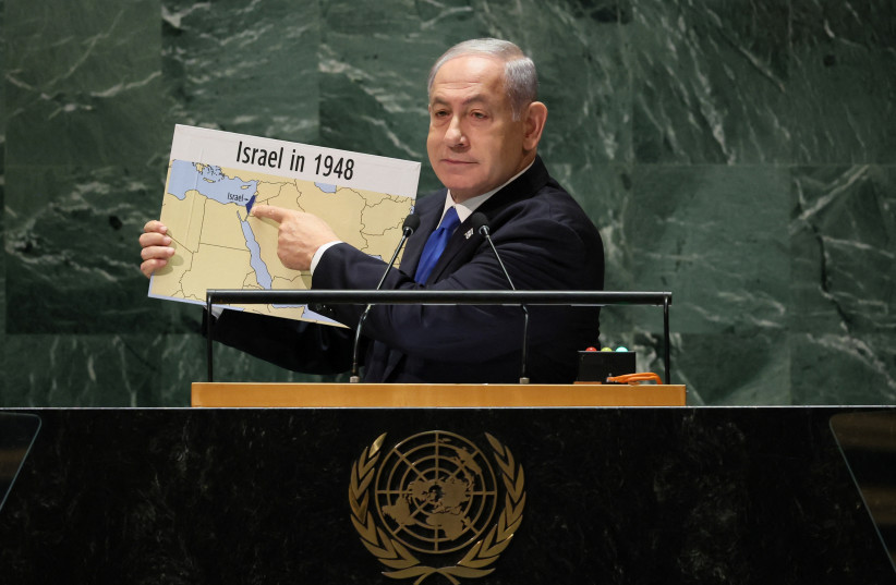  Prime Minister Benjamin Netanyahu addresses the 78th Session of the UN General Assembly in New York City, US, September 22, 2023 (credit: REUTERS/BRENDAN MCDERMID)
