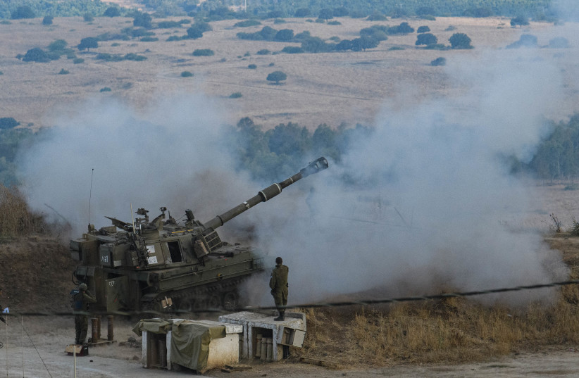  IDF Artillery Corps firing shells during a military drill near the border with Lebanon, in northern Israel, August 28, 2023 (credit: AYAL MARGOLIN/FLASH90)