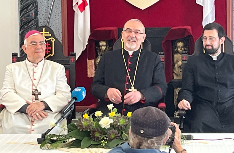  Cardinal-elect Pierbattista Pizzaballa (center) at a press conference at the Latin Patriarchate in Jerusalem,  Sept. 21, 2023. (credit: Nicole Jansezian/The Media Line)