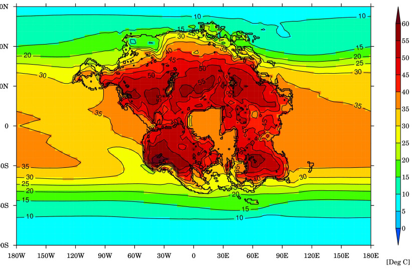  Image shows the warmest month average temperature (degrees Celsius) for Earth and the projected supercontinent (Pangea Ultima) in 250 million years, when it would be difficult for almost any mammals to survive. (credit: University of Bristol)