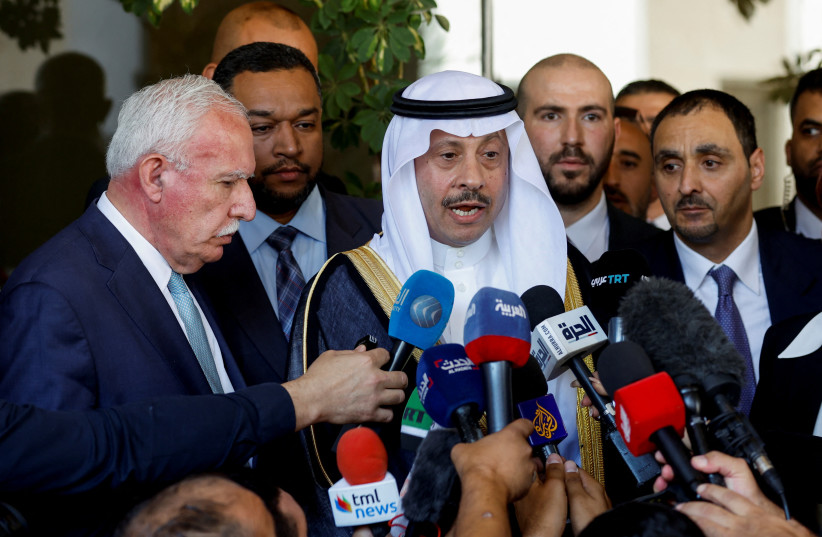 Saudi ambassador Nayef al-Sudairi addresses the media as Palestinian Foreign Minister Riyad al-Maliki stands next to him, in Ramallah in the West Bank September 26, 2023.  (credit: REUTERS/Mohammed Torokman)
